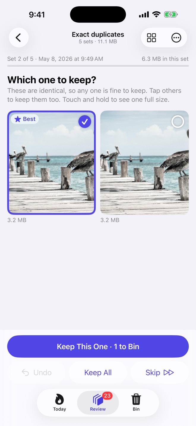 Leanroll showing two identical photos of pelicans on a pier, with the first marked Best and a Keep This One button.